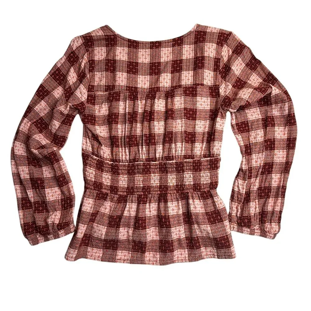 PILCRO Anthropologie Red Motif Plaid Smocked Blouse - Picture 5 of 10